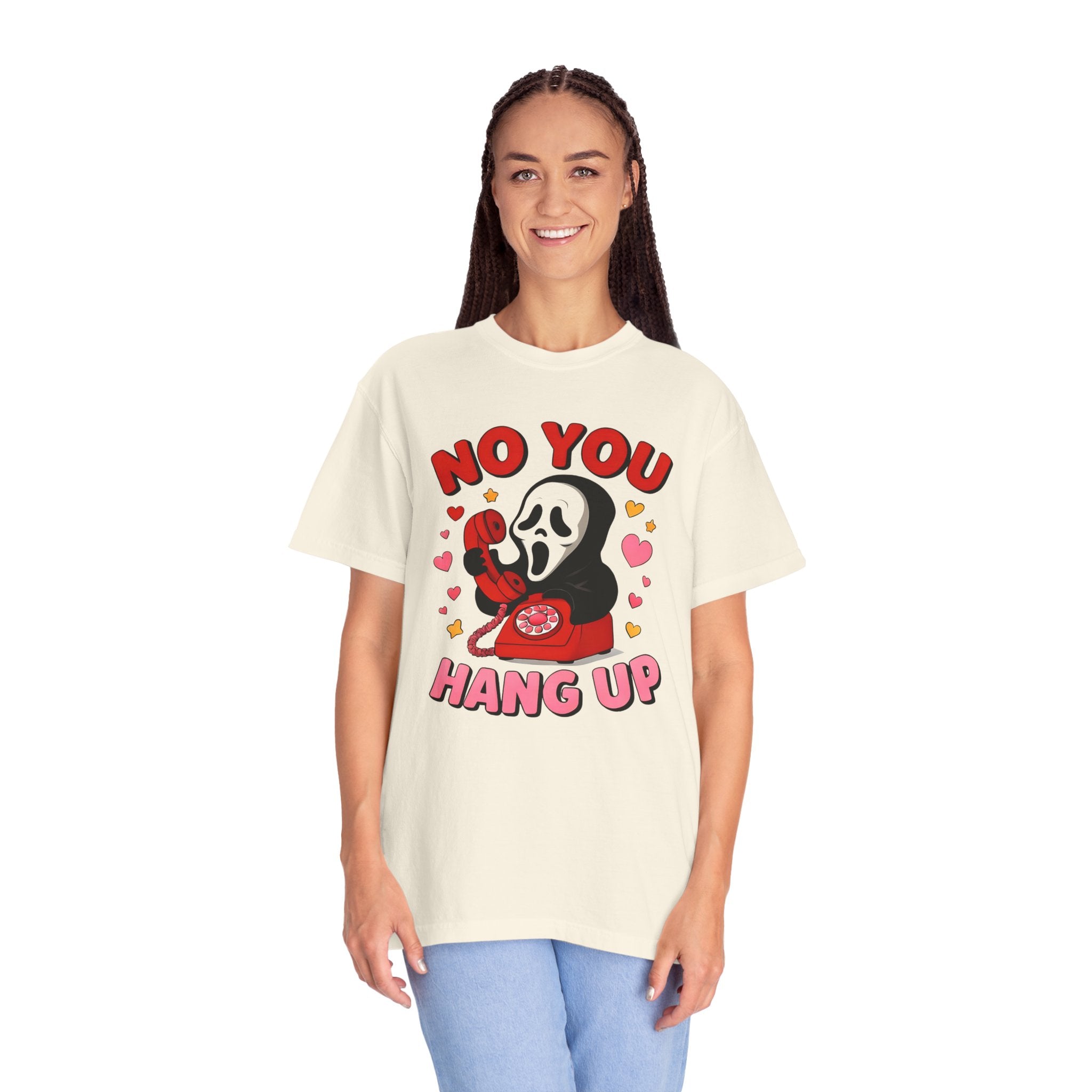 Funny Horror T-Shirt, Unisex Garment-Dyed Tee with 'No You Hang Up' Text, Perfect for Halloween and Movie Lovers, Cute Gift Idea, [...]